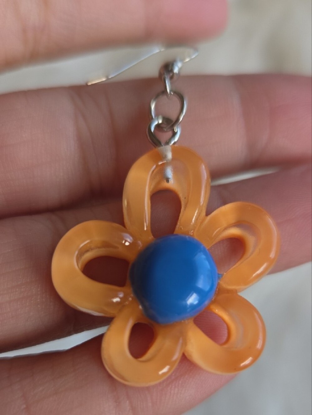 Orange Flower Dangle Earrings with Blue Center - Picture 3 of 5
